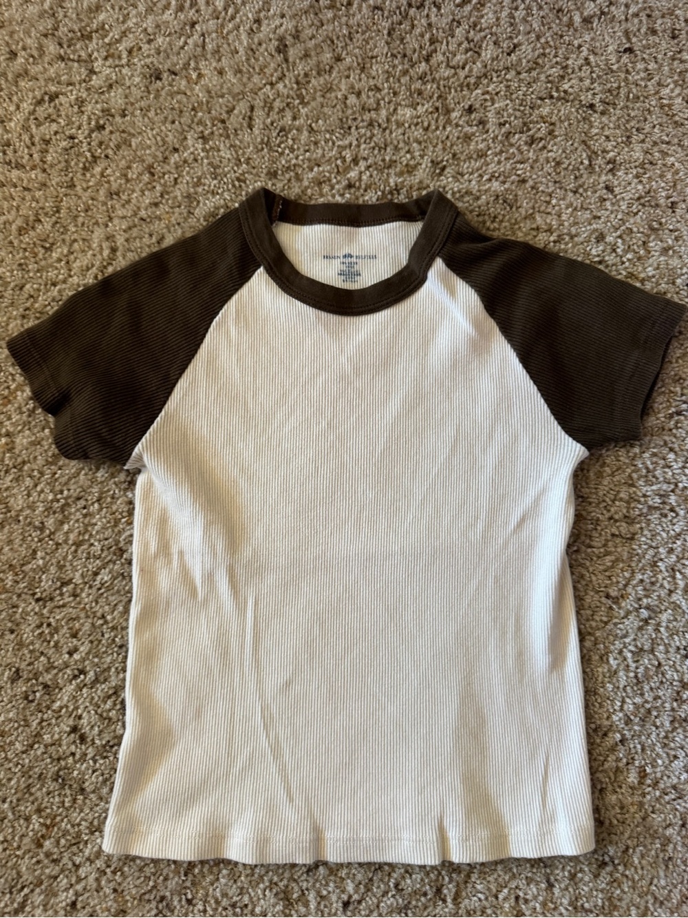 Brandy Melville White Tee with Dark Brown Raglan Sleeves